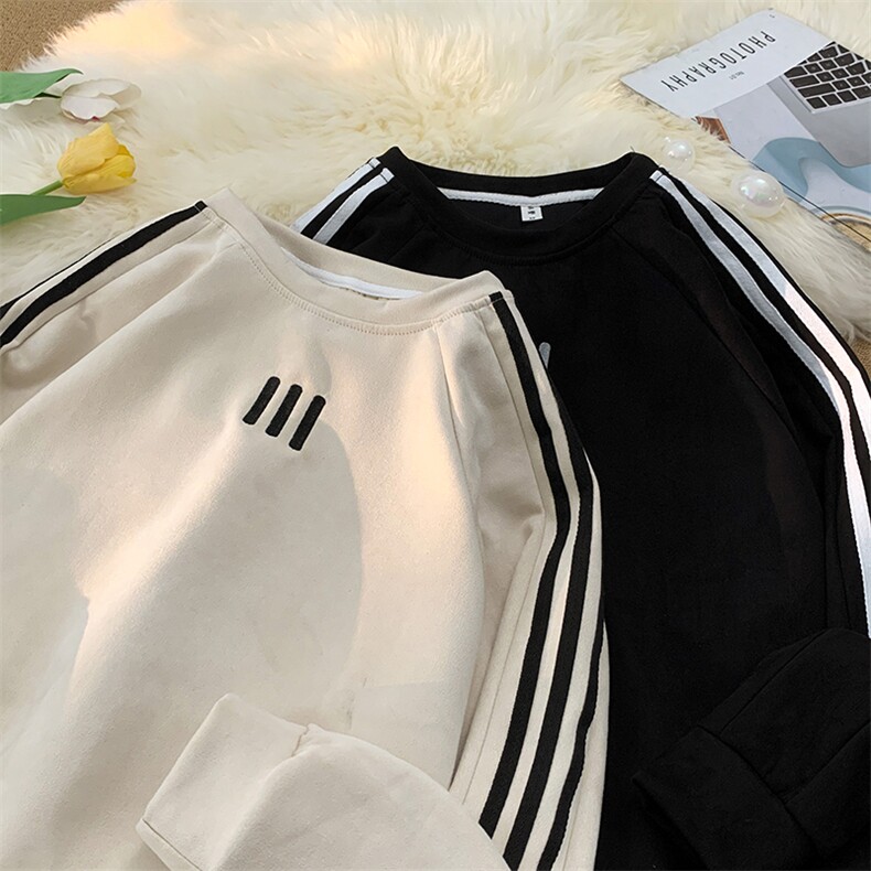 麂皮绒卫衣男春秋季日系复古条纹套头上衣服重磅宽松休闲无帽外套,男装卫衣,星座410-7