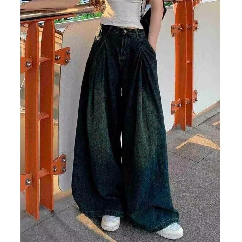 韩版垂感设计感复古牛仔裤女夏季高腰显瘦宽松阔腿裤拖地裤长裤子，女装休闲裤，星座506A