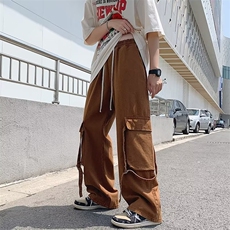 夏季复古坠感拖地工装长裤绑带设计感口袋宽松阔腿裤男K6074-P36，男装休闲裤，星座512-2