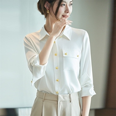 2025年夏季修身型百搭七分袖西装领缎面真丝衬衫,女装衬衫,帝知娇羊绒, 2025年夏季修身型百搭七分袖西装领缎面真丝衬衫,女装衬衫,帝知娇羊绒,