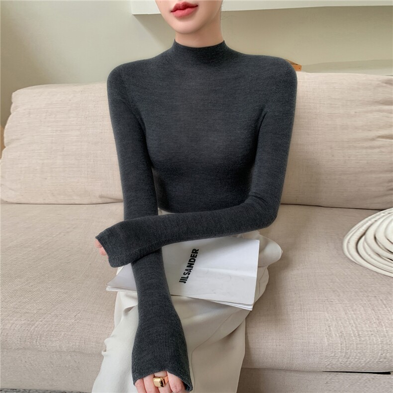 高端无缝~超薄软糯紧身100纯羊毛衫女百搭秋冬紧身毛衣针织打底衫,女装羊毛衫,轻暖羊绒