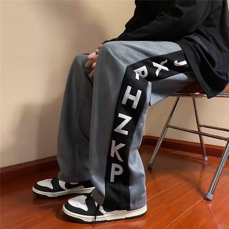 麂皮绒休闲裤男韩版潮拼色字母2023秋冬新款ins宽松长裤K3183-P36图片