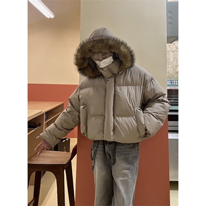 现货三防重磅硬挺boxy短款羽绒棉衣座山雕大毛毛领PU皮棉服外套冬图片