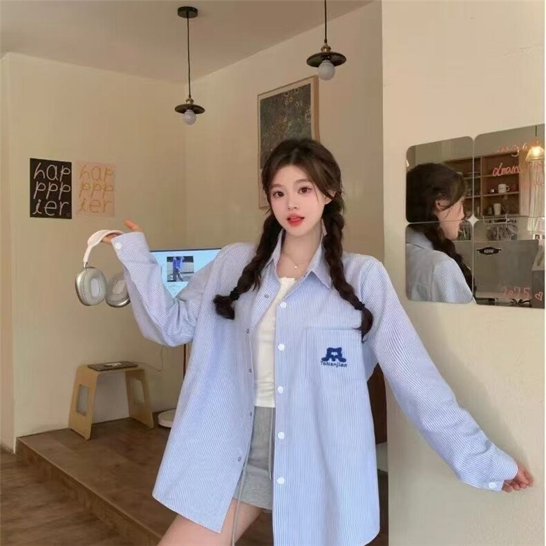 2025美式黄条纹刺绣衬衫女大码春季宽松休闲衬衣显瘦外套图片