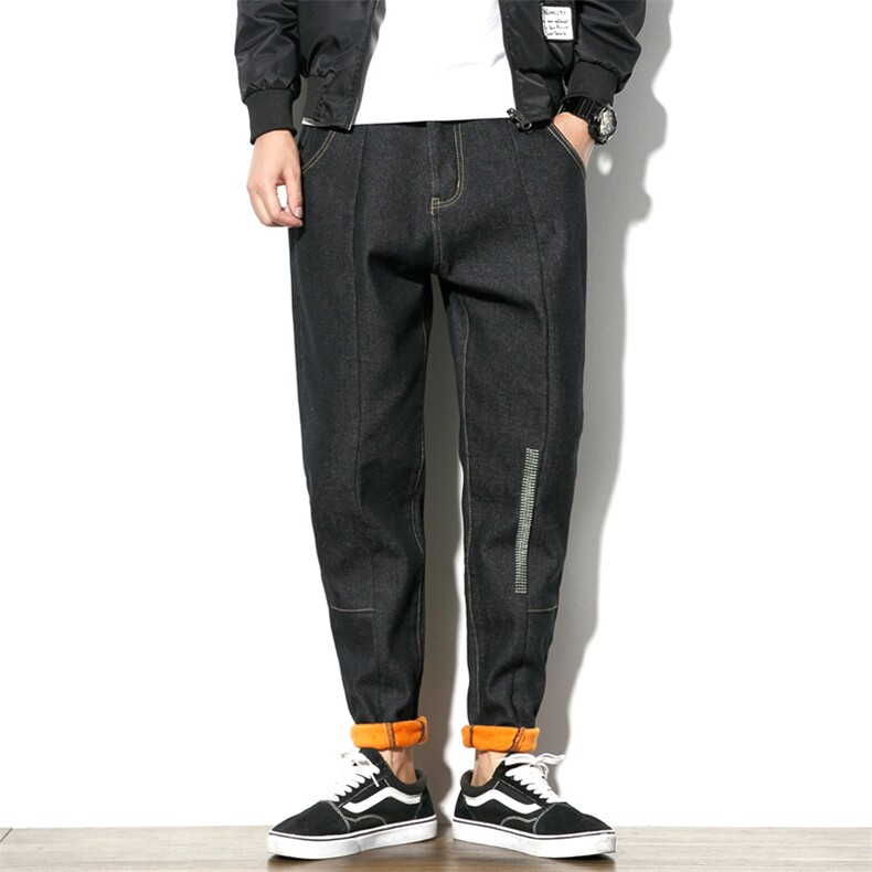 2019冬季新白墙风男日系线条加绒刺绣纯色牛仔裤大码K0981-P60,男装牛仔裤,电商A001