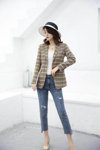 春款新款一粒扣修身复古格子小西装，女装西装，名怡