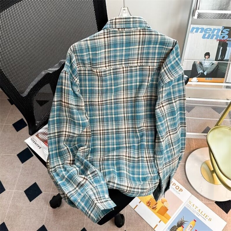 24新款复古蓝格子男女宽松慵懒风潮牌休闲百搭衬衫-CS037-无袖标,男装衬衫,星座1002-2