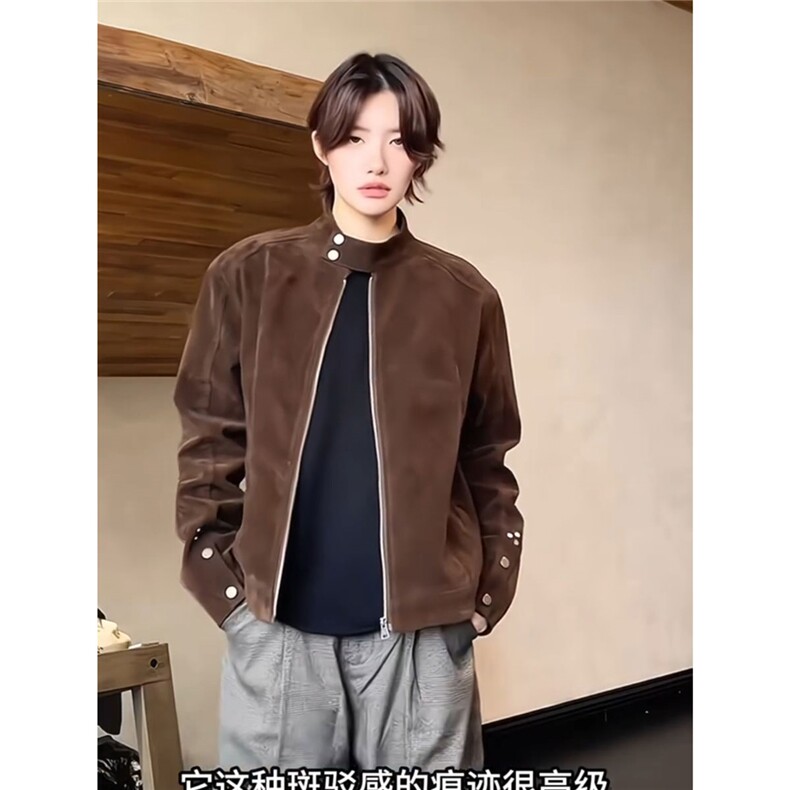 现货网络图慎用【EME】摩登年代复古绒皮哈灵顿外套JK78089特P80图片