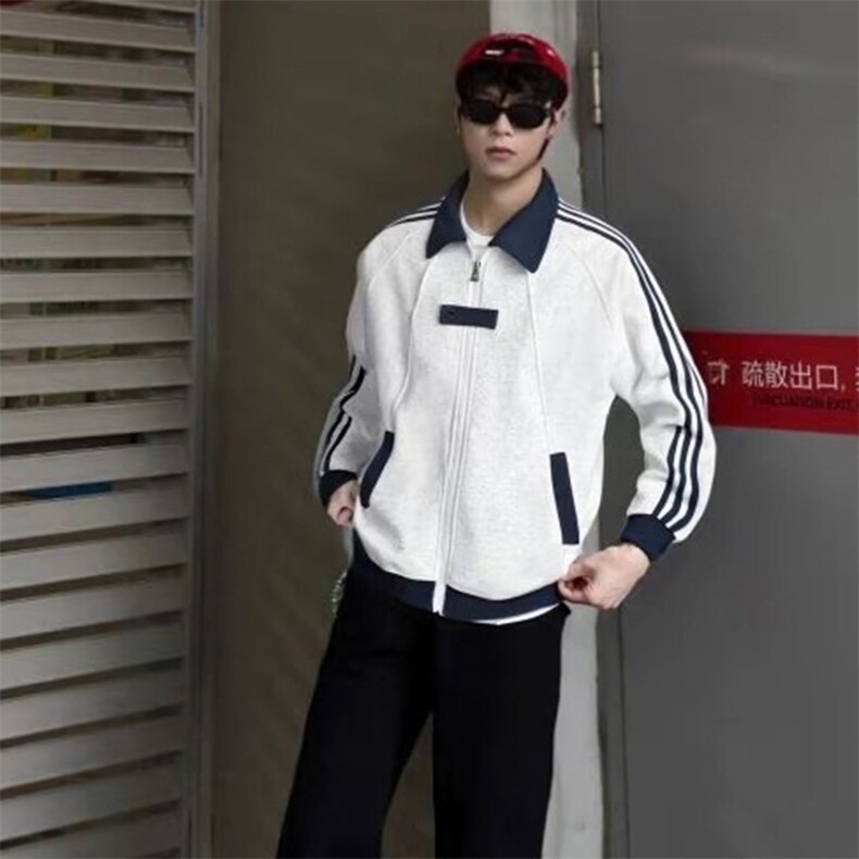 抖音得物品质秋冬美式高街重磅结构拼接织带翻领卫衣夹克外套W113,男装夹克,电商A486
