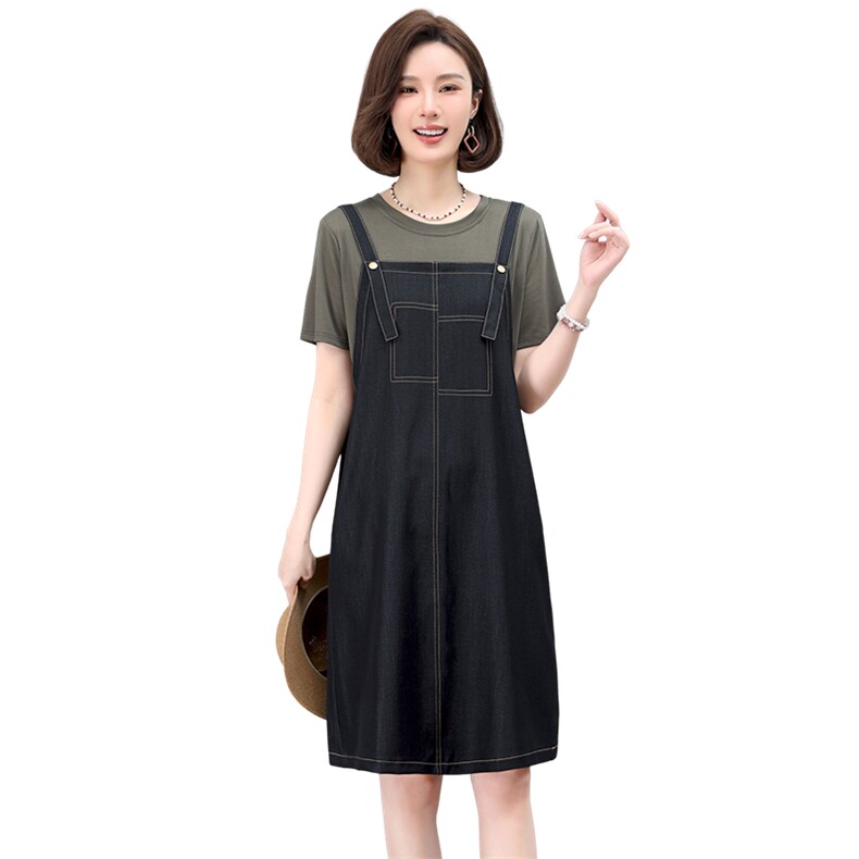 连衣裙女夏季假两件针织拼接天丝牛仔休闲时尚简约裙子,女装连衣裙,曼沙奕珂