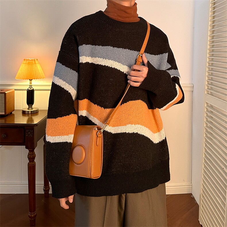 不规则条纹毛衣男韩版潮流宽松潮牌秋冬百搭针织衫上衣 M1237-P50图片