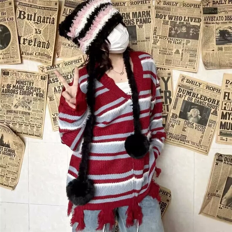 美式复古条纹情侣针织外套男女冬季破坏感宽松休闲拉链V领毛衣,男装针织衫/毛衣,星座506A