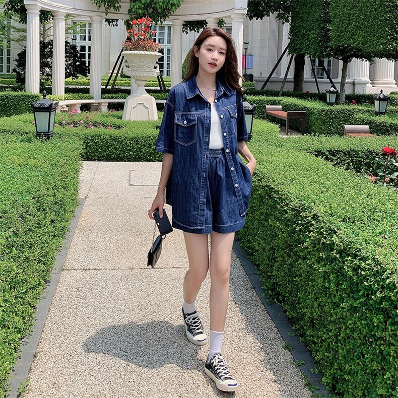 现货~！夏季薄款深蓝牛仔短袖短裤两件套套装女,女装套装/套裙,辉之琳
