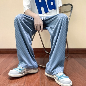美式嘻哈夏季冰丝超薄格子直筒阔腿裤高街垂感拖地长裤K886-P45图片