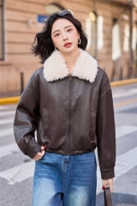 高级感皮面棉服女2025冬季新款保暖毛领羽绒棉PU皮衣短外套上衣，女装皮衣，江南女神