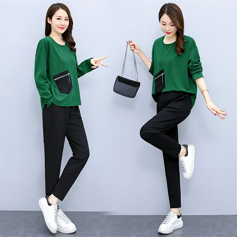 休闲运动卫衣套装女2023春秋新款洋气拼色翻领卫衣束脚长裤两件套,女装套装/套裙,依如秀(原杭风阁)