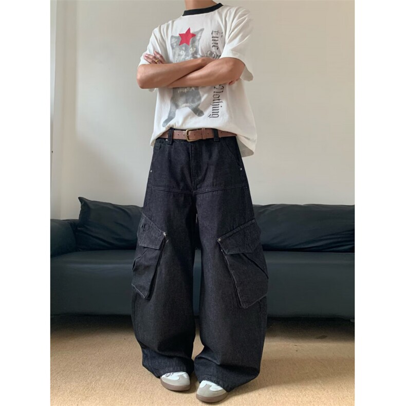 美式复古高街纯色多口袋工装裤直筒休闲裤显高裤长裤男图片