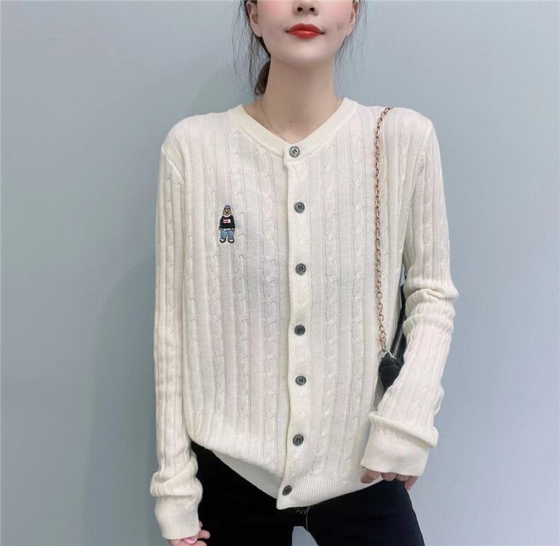秋季新款舒适显瘦时尚百搭立领熊图案针织开衫女长袖外套图片