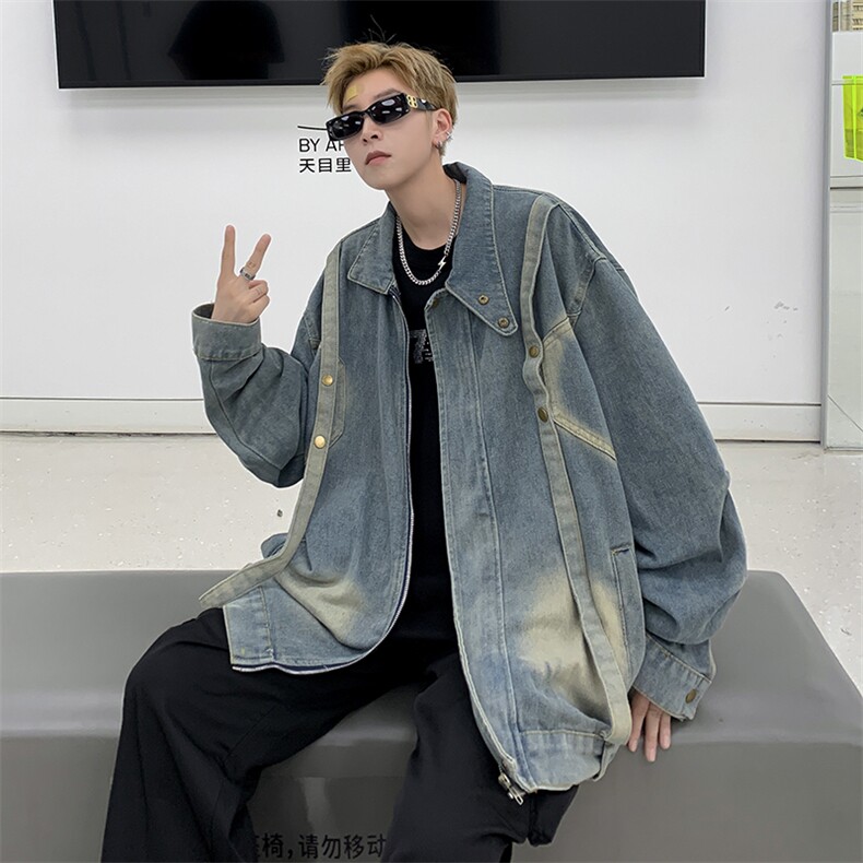 港风秋款男牛仔夹克工装织带拼接渐变色休闲外套JK2P75,男装夹克,星座1013-1