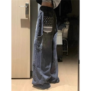 美式复古字母印花水洗牛仔裤男女秋季潮牌多口袋大码直筒裤子图片