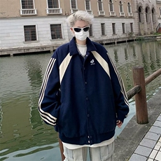 美式复古拼接条纹撞色翻领外套男春秋季2024新款潮牌痞帅宽松夹克，男装夹克，星座716-4