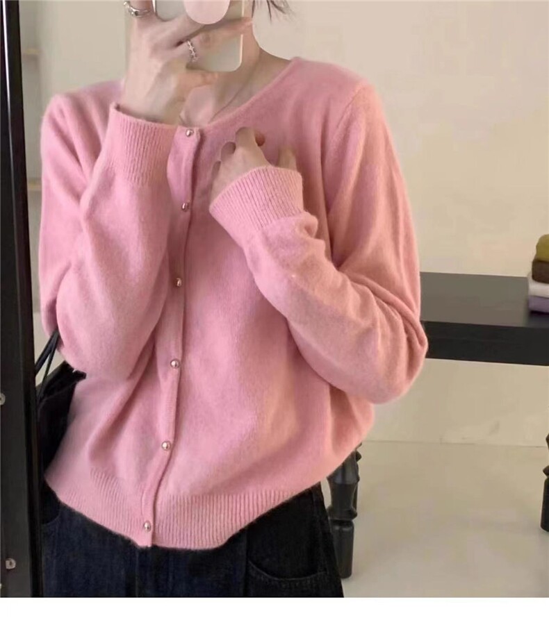 秋冬圆领长袖纯色开衫女宽松百搭休闲针织毛衣外套上衣,针织衫/毛衣,半城羊绒