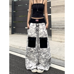 撞色双腰头多口袋设计感迷彩牛仔裤女痞帅阔腿拖地长裤AM1034 P77图片