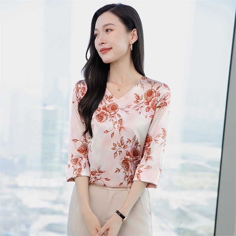 五分袖真丝衬衫女上衣T恤2026春夏装中袖印花中年妈妈真丝小衫t,女装衬衫,阿舍尔精品