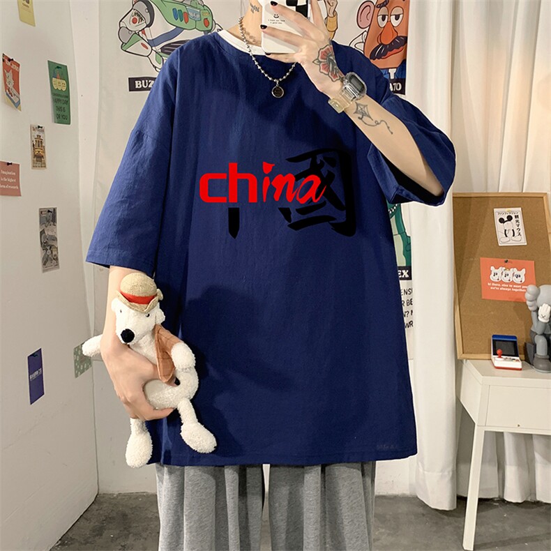 YT26189-P30亚麻短袖t恤男大码五分袖男宽松七分袖海报风,男装T恤,电商A040