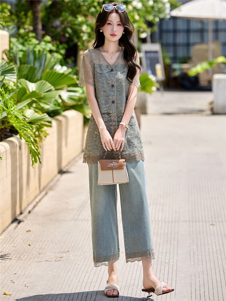 衫蕾丝拼接牛仔2件套女2026夏新显瘦蕾丝牛仔衬衫阔腿裤时尚套装,女装套装/套裙,意芙