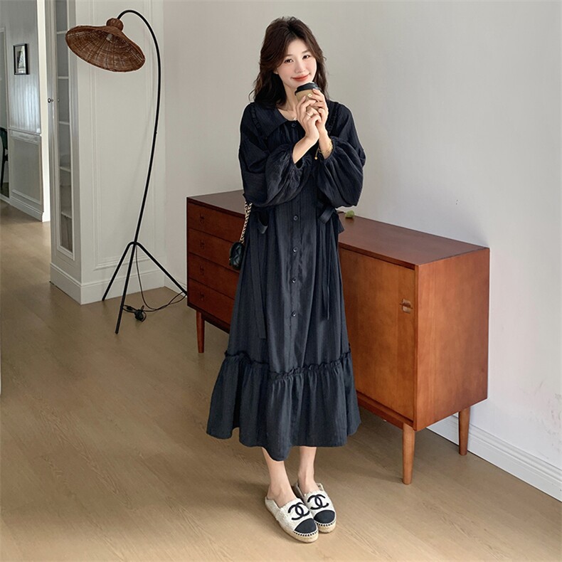 黑色长袖娃娃领连衣裙女春秋季2025超火新款蝴蝶结收腰显瘦长裙子,女装连衣裙,浙宝208