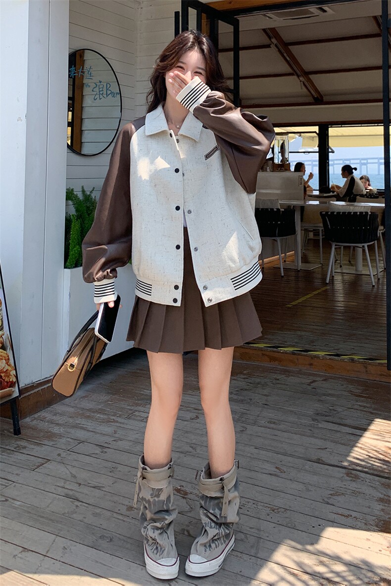 POLO领春季拼接通勤口袋短外套小香风秋冬休闲赫本风春秋小个子,女装皮衣,2C088
