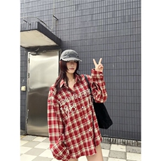 美式潮牌复古红色格子衬衫女春夏长袖防晒衬衣设计感宽松情侣外套，男装防晒衣，星座1210-1