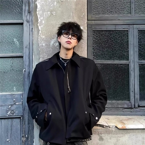 2025春秋美式高街cleanfit垫肩夹克男装短款解构黑色拉链翻领外套图片