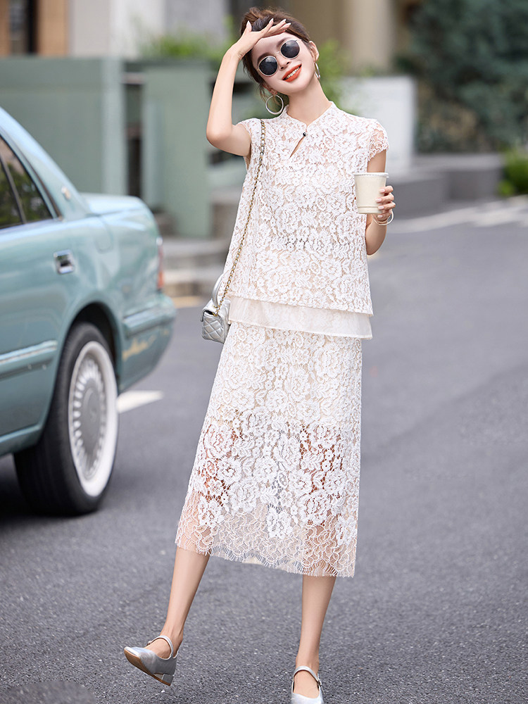 小香风蕾丝套装裙女2025夏新款名媛气质显瘦短袖上衣半身裙两件套,女装套装/套裙,冬木谷雨