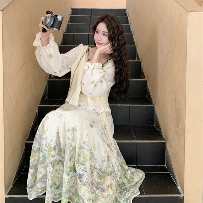 26春新款现-度假风拼接兰花针织开衫连衣裙套装2629-P200K328,女装套装/套裙,2B190