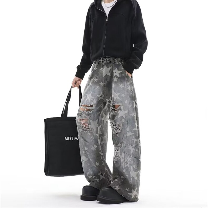 美式高街刀割破洞树叶迷彩工装裤牛仔裤男复古喇叭休闲裤子图片