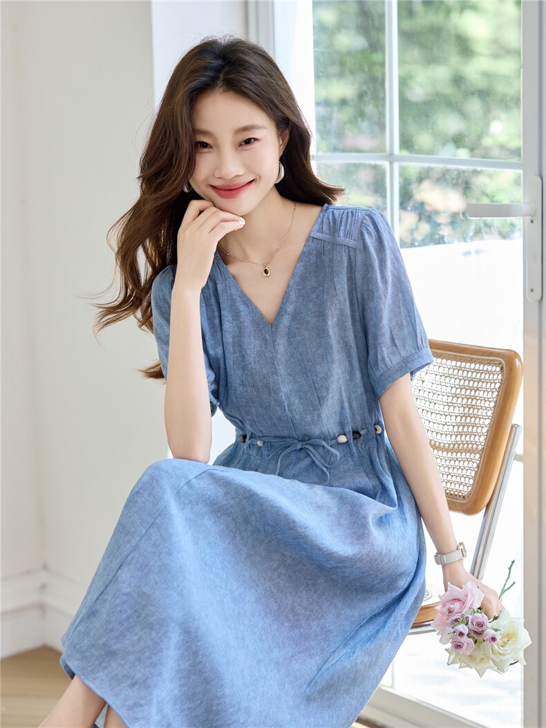 天丝亚麻连衣裙女2025夏季新款宽松V领高级感爆款中长款薄裙子,女装连衣裙,素月