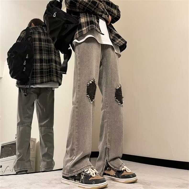 美式高街牛仔裤男裤脚拉链开衩2024秋冬季新款ins长裤RK1108-P52图片