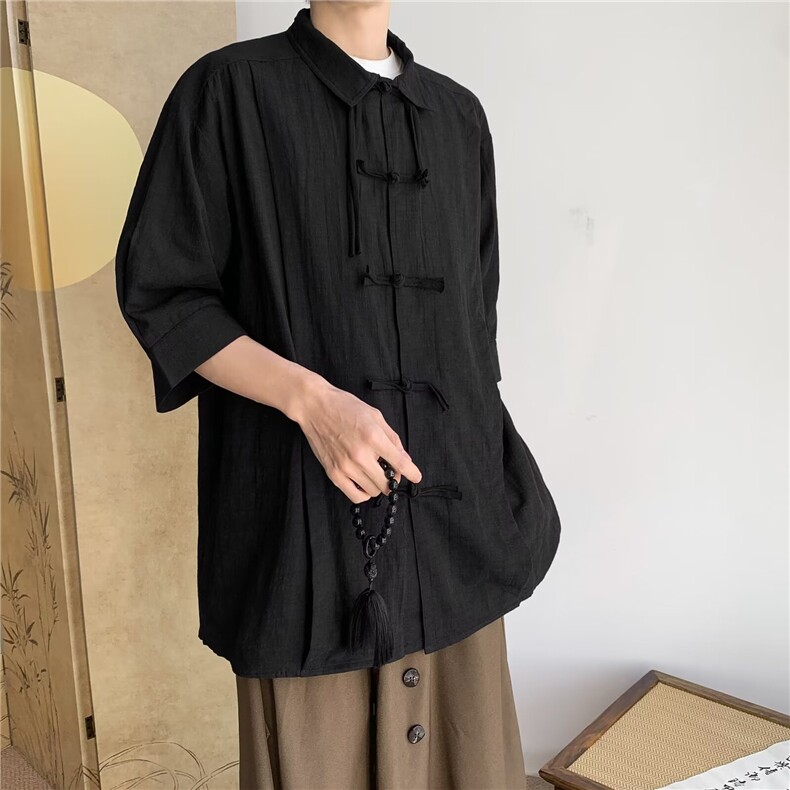 流苏设计感衬衣男士夏季棉麻提花中式短袖衬衫潮流休闲痞帅半袖,男装衬衫,星座1013