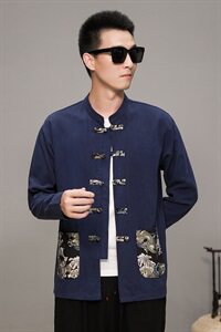 T78* 中国风男士棉麻龙纹绣花唐装麻料长袖衬衫练功服 藏青 *P65图片