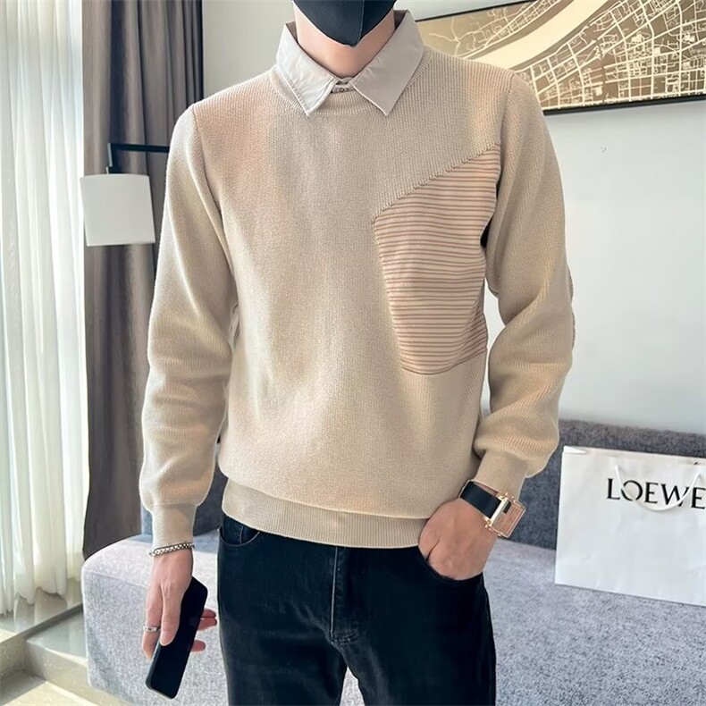 男士假两件撞色翻领针织毛衣秋冬款潮流时尚拼接Y3344P65图片
