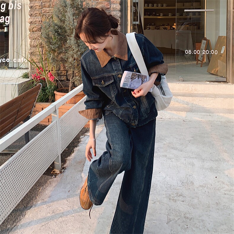 美式复古独特撞色拼接2025年春新款时尚牛仔外套阔腿裤,女装短外套,浙宝305