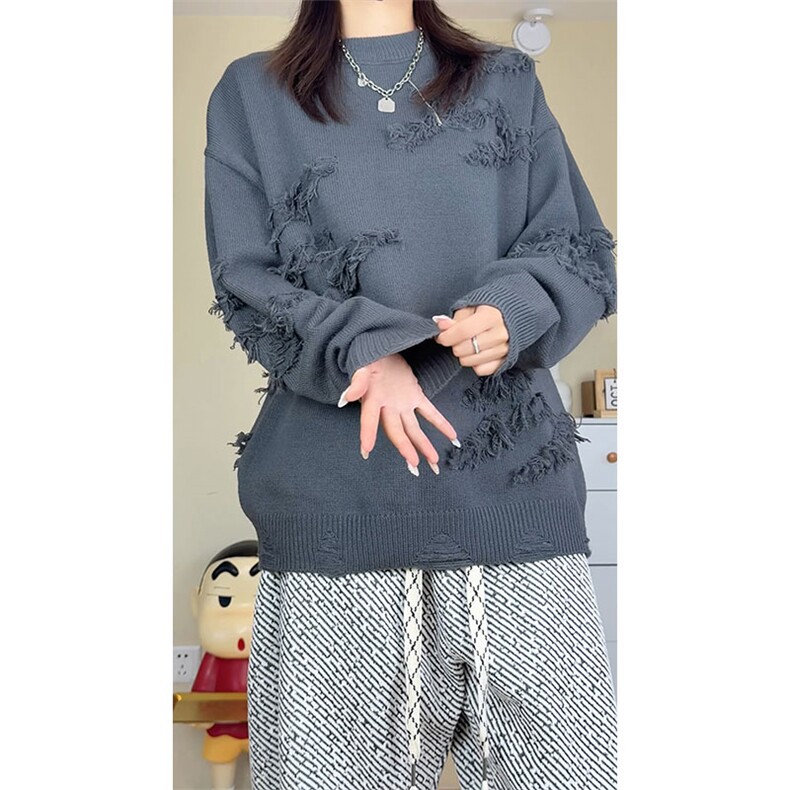 秋季流苏圆领毛衣男女同款宽松休闲百搭高级感上衣ZB632-特价46,男装针织衫/毛衣,电商A007