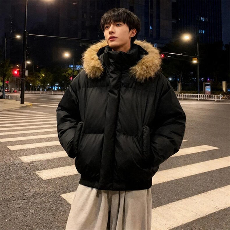 现货三防重磅硬挺boxy短款羽绒棉衣座山雕大毛毛领PU皮棉服外套冬，男装棉衣，电商A443