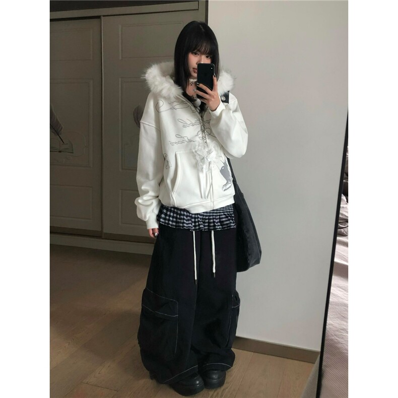 现货DA261-批65美式复古白色毛领连帽卫衣男女秋冬新款图片