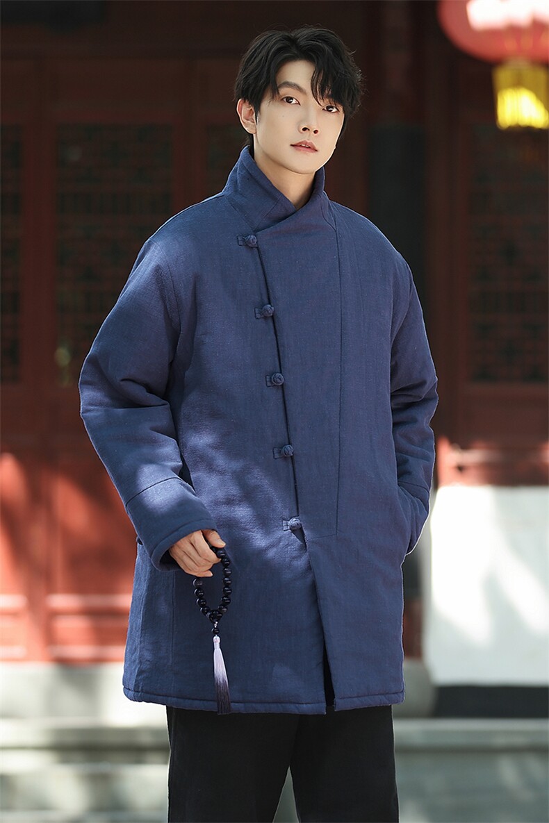 风唐装中长款加藏青色棉衣冬款立领大码棉麻保暖棉服1219p198,男装棉衣,电商A016