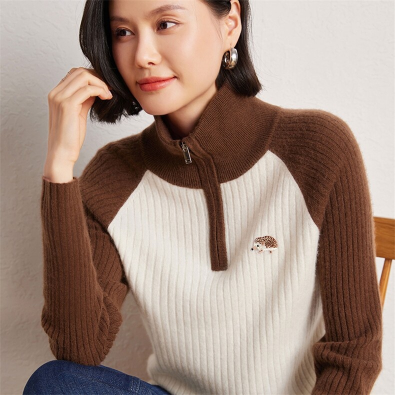 宽松慵懒100%纯羊毛衫女半开领拉链拼色长袖毛衣小刺猬绣花羊绒衫,女装羊绒衫,臻维羊绒
