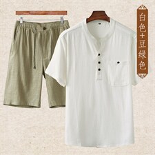 主推款高端夏男士唐装中年棉短袖麻套装中老年高品质亚麻短袖T恤，男装中老年男装，钱塘723