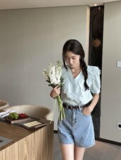 夏·新款2022 韩版V领纱不规则边纹上，其它，意妹EAMEI(3F)